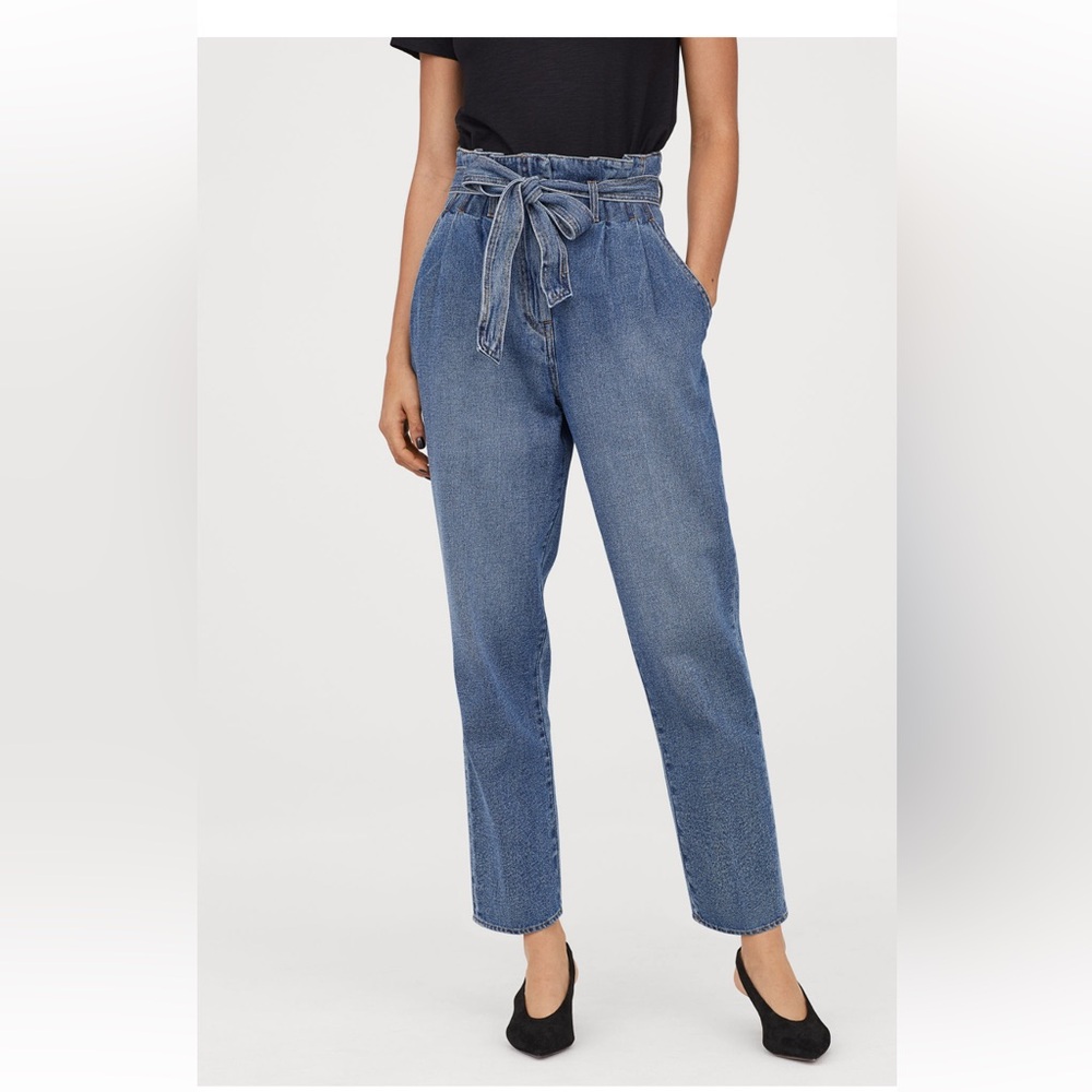 H&M High Rise Blue Mom Paperbag Jeans with Tie Waist